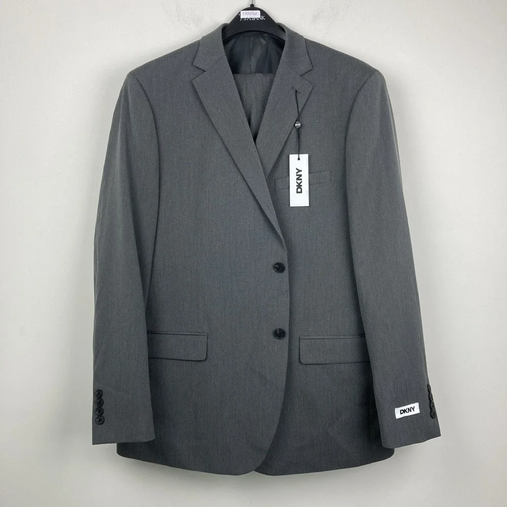 DKNY Men's 3-Piece‎ Suit 48R 42Wx32L Black Modern Fit Vested Gray Pindot